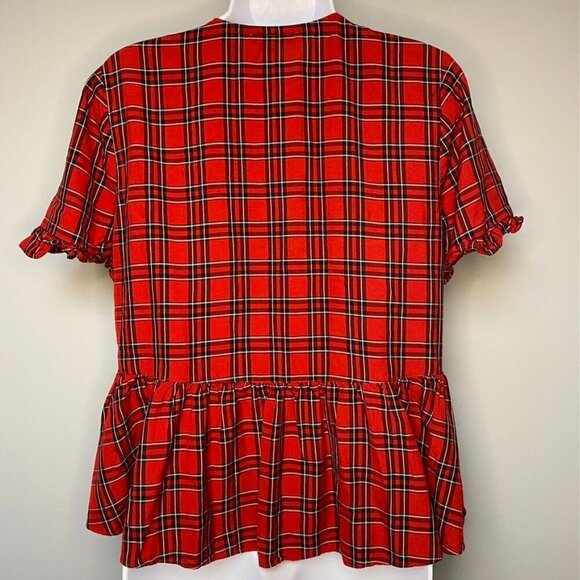 MADEWELL Red and Black Plaid Ruffle Hem Puff Sleeve Button Down Blouse Size S - Picture 5 of 7